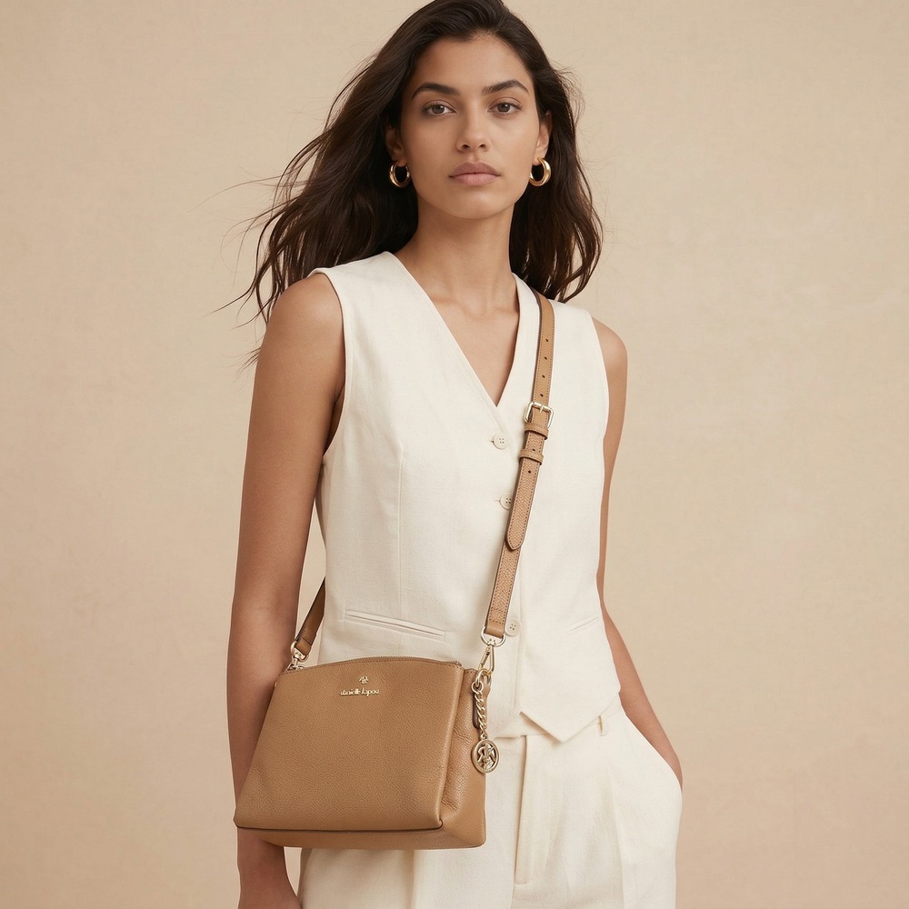 Nanette Lepore Tan Pebbled Triple Compartment Crossbody Bag Gold Hardware